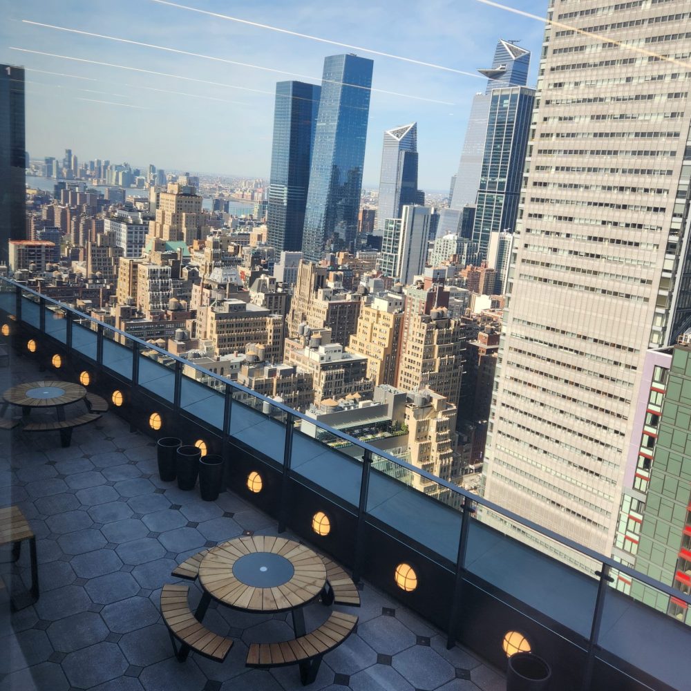 View of downtown Manhattan and the renovated Roku roof terrace at 5 Times Square