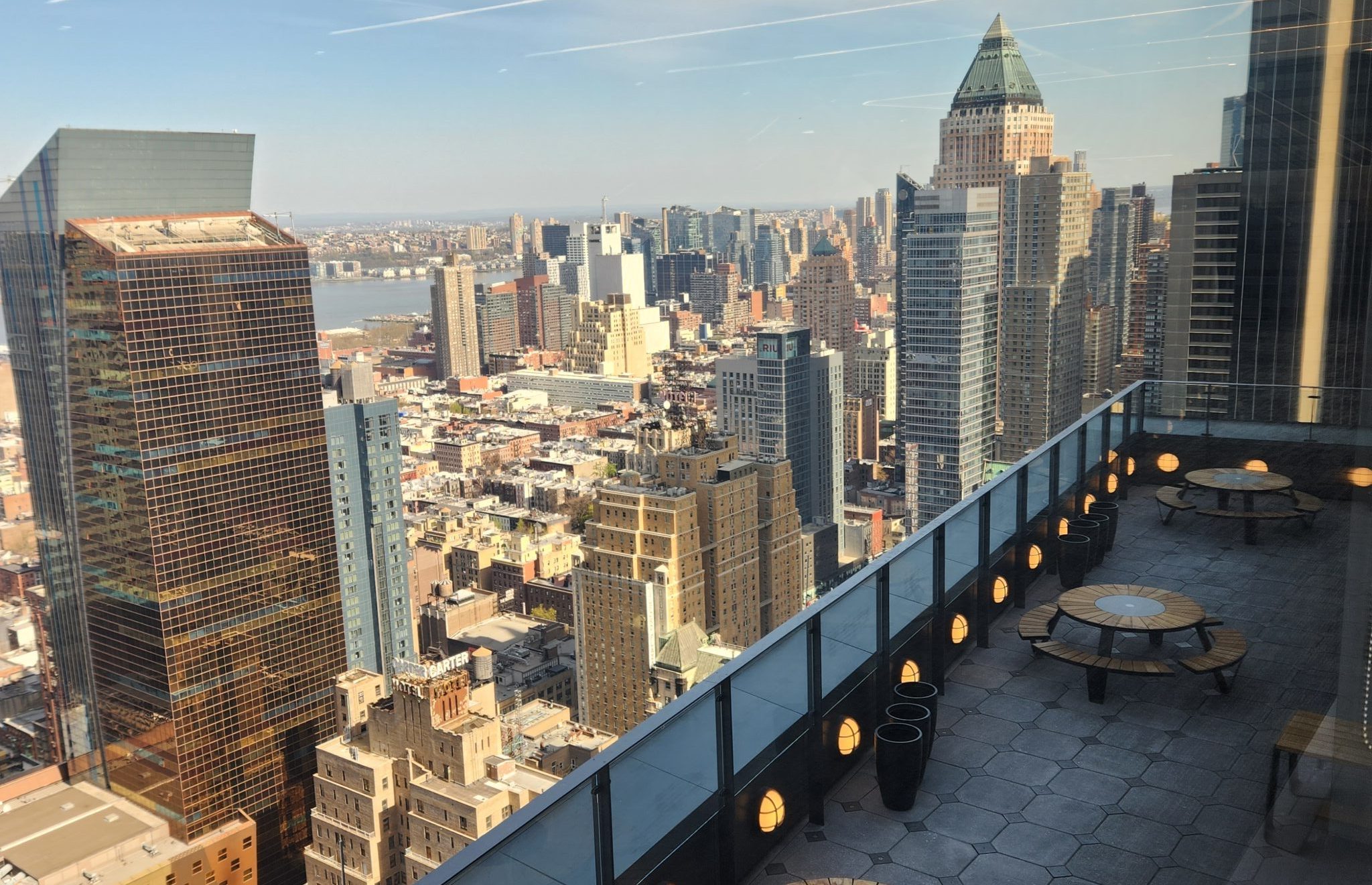 View of downtown Manhattan and the renovated Roku roof terrace at 5 Times Square
