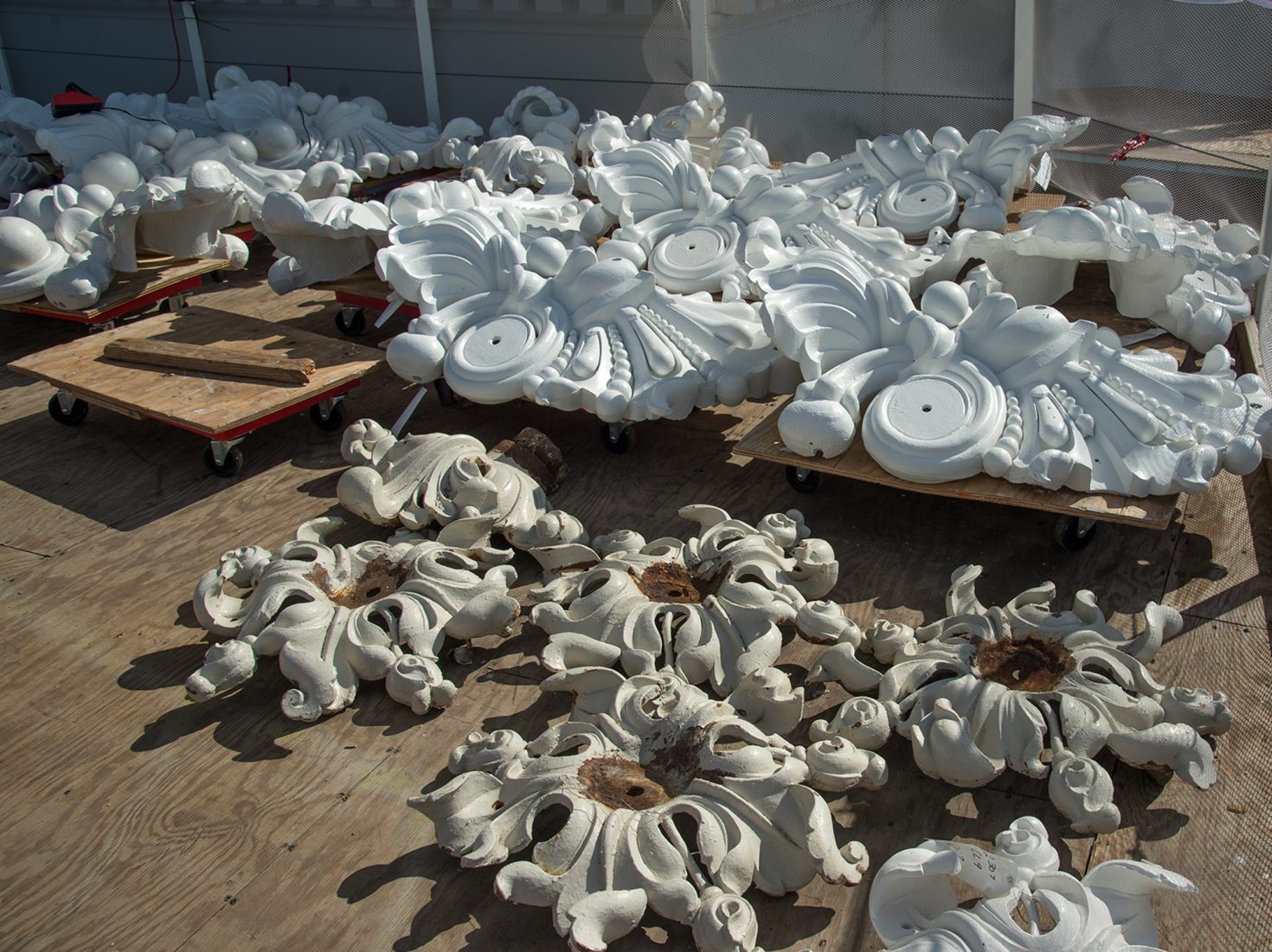 Restoration in progress of cast iron ornamental elements at the US Capitol Dome.