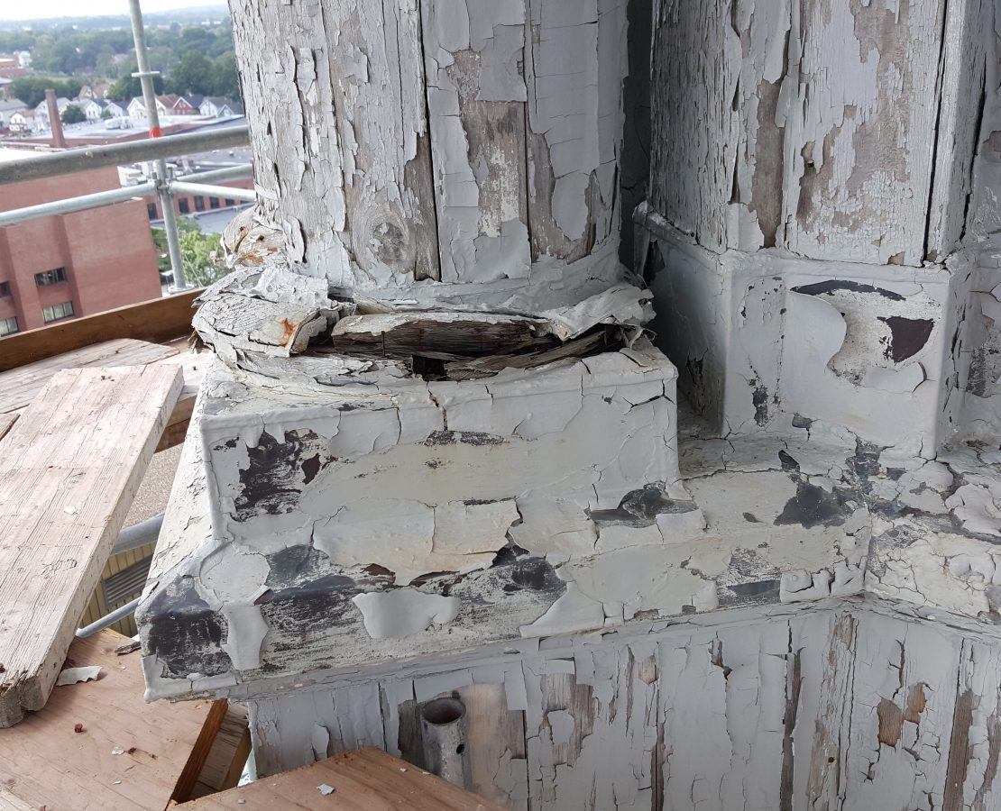 Wood rot at cupola base at Yale-New Haven Hospital, prior to restoration
