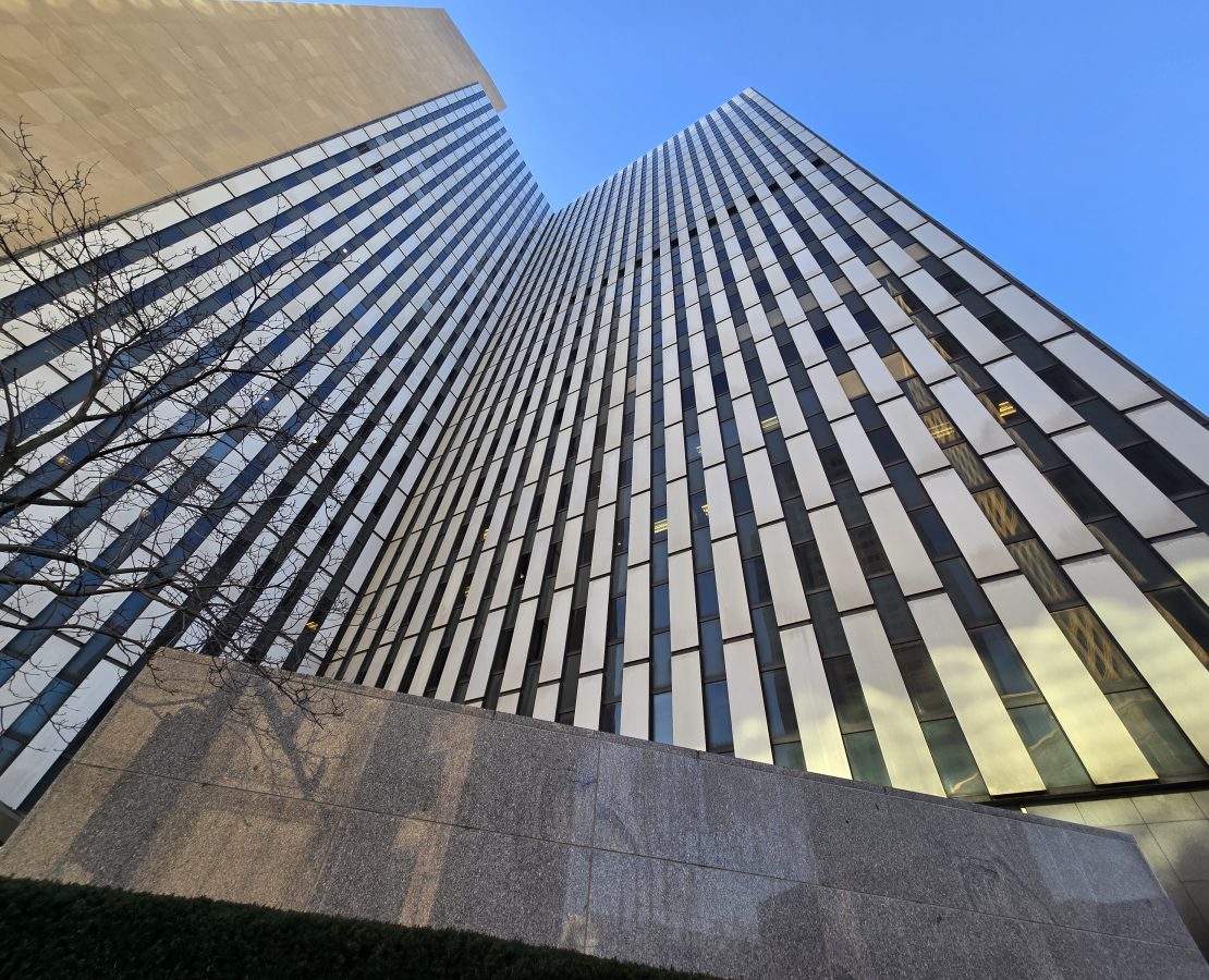 Office building facade view from ground up