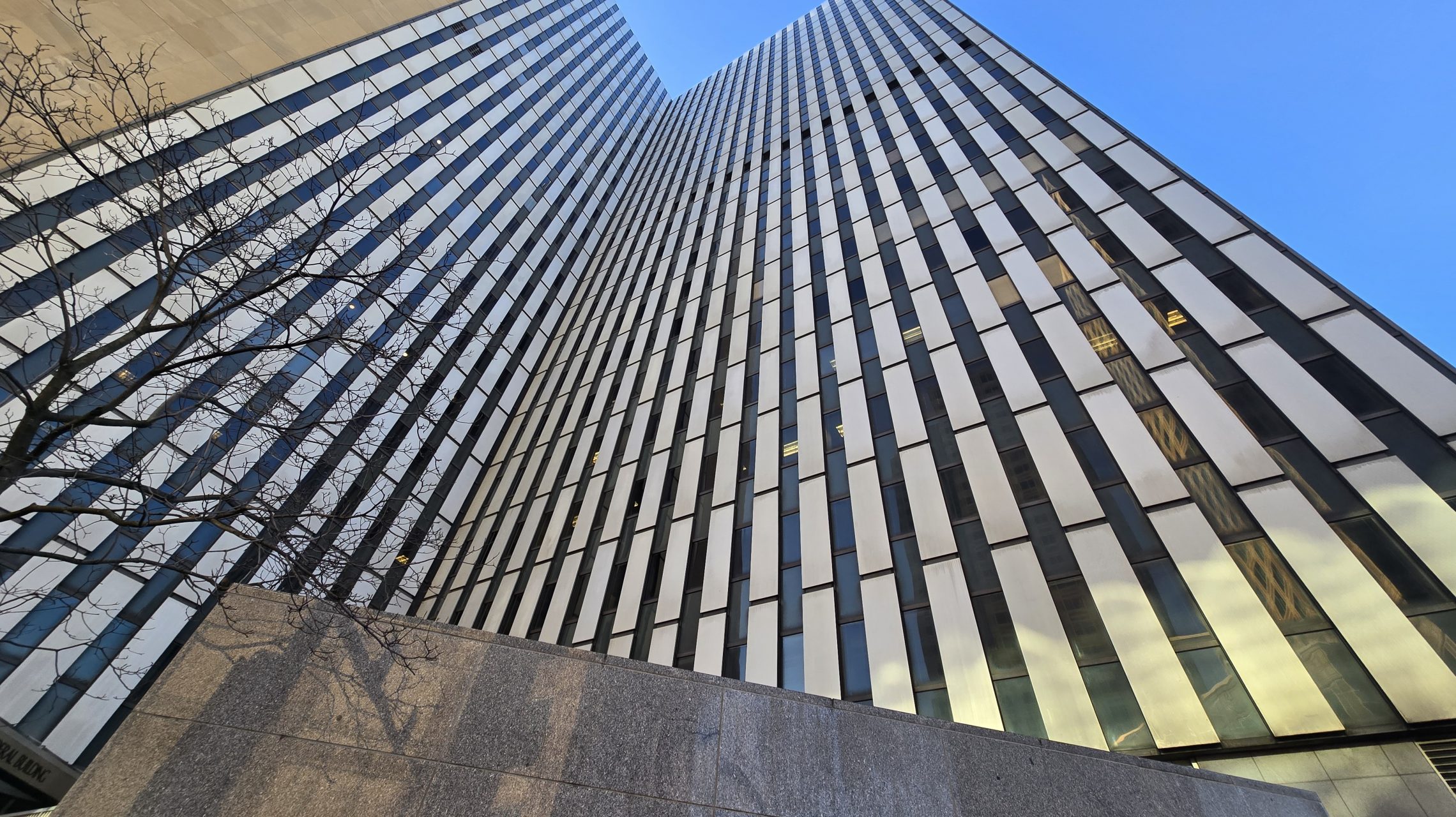 Office building facade view from ground up