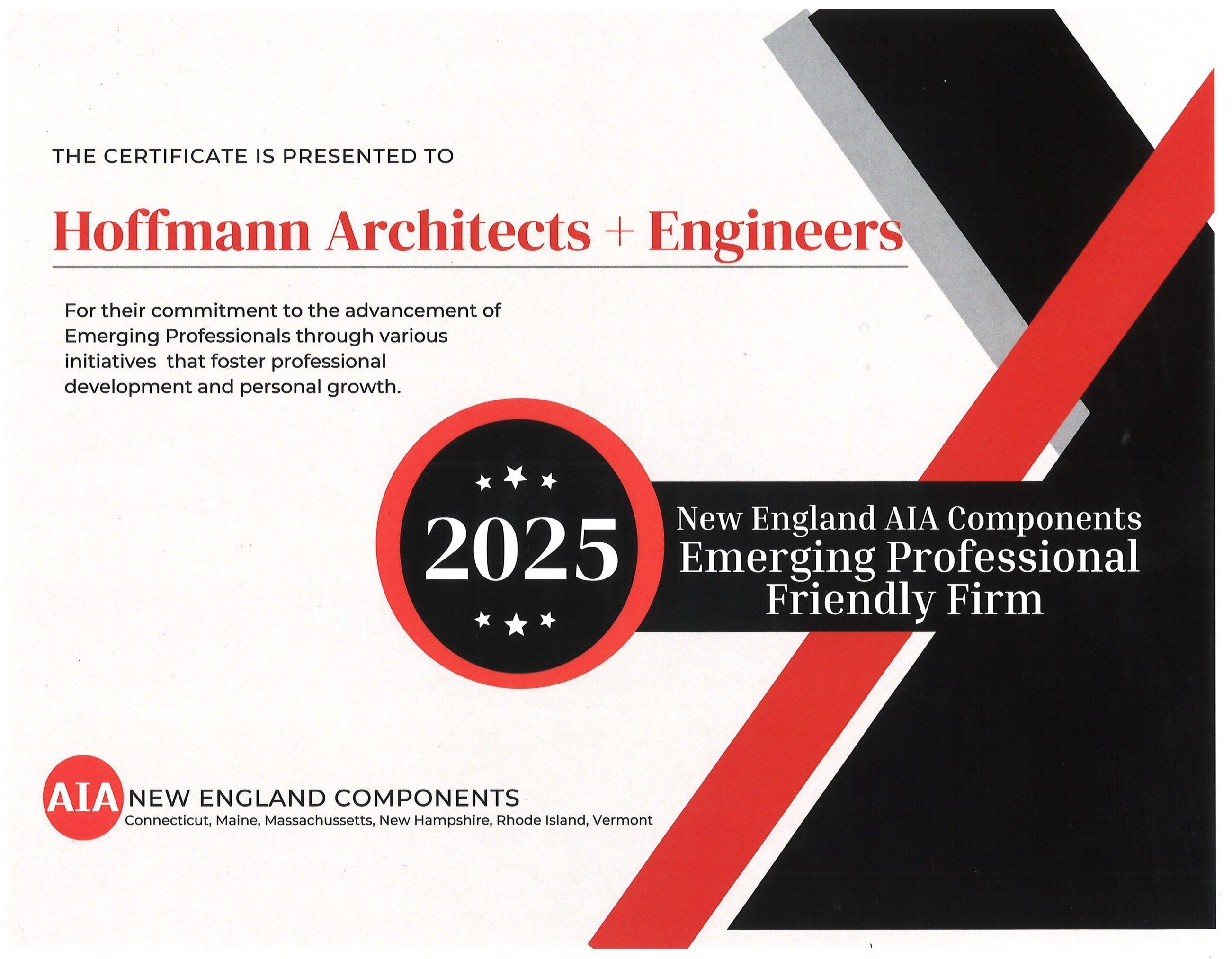 AIA New England Emerging Professional Friendly Firm Award certificate for Hoffmann Architects + Engineers 2025