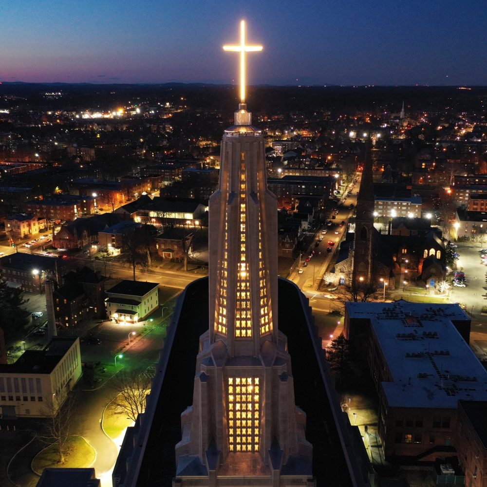 Restored steeple at night, Saint Joseph's Cathedral, Hartford CT