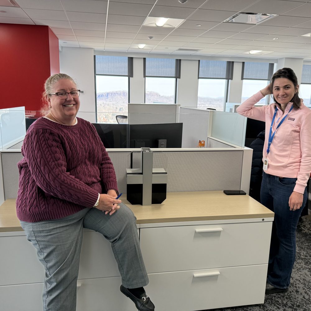 Two women in an office setting, one seated and one standing.