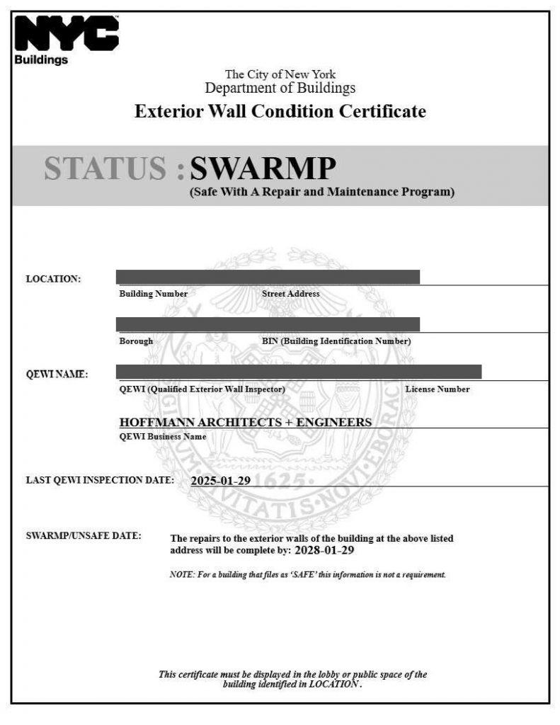Exterior Wall Condition Certificate example for NYC Facade Inspection and Safety Program with client name redacted