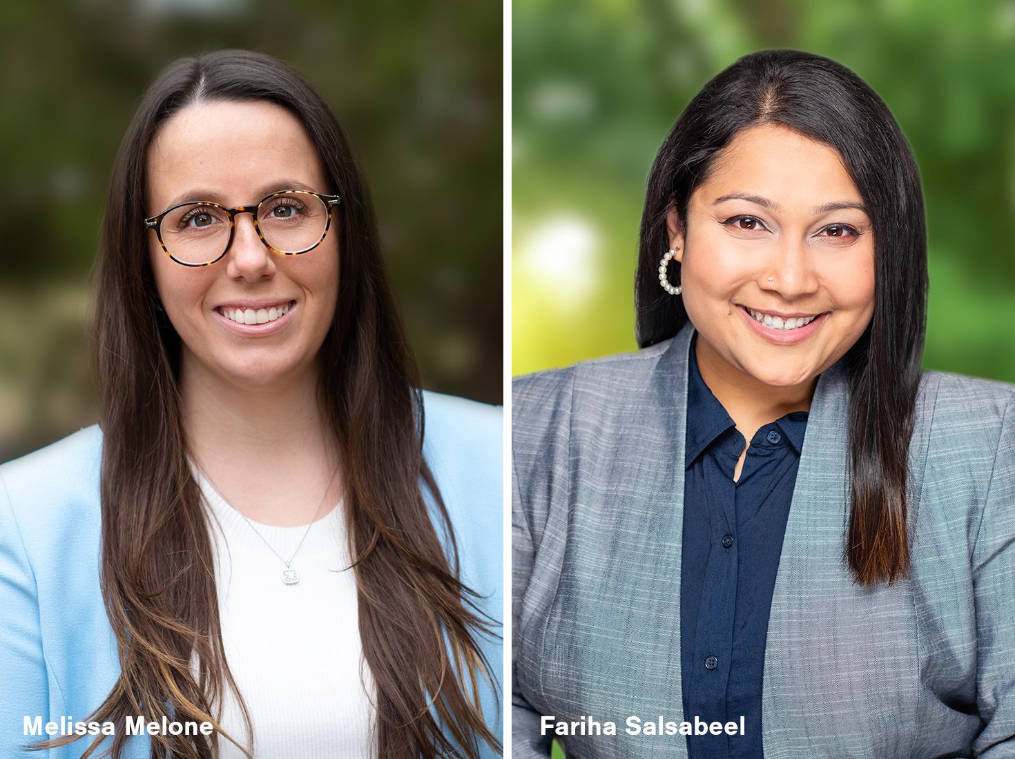 Paired portraits of Melissa Melone and Fariha Salsabeel of Hoffmann Architects and Engineers