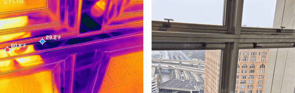A pair of images showing infrared thermography on the left and standard photography on the right, both of a junction in a metal curtain wall frame.