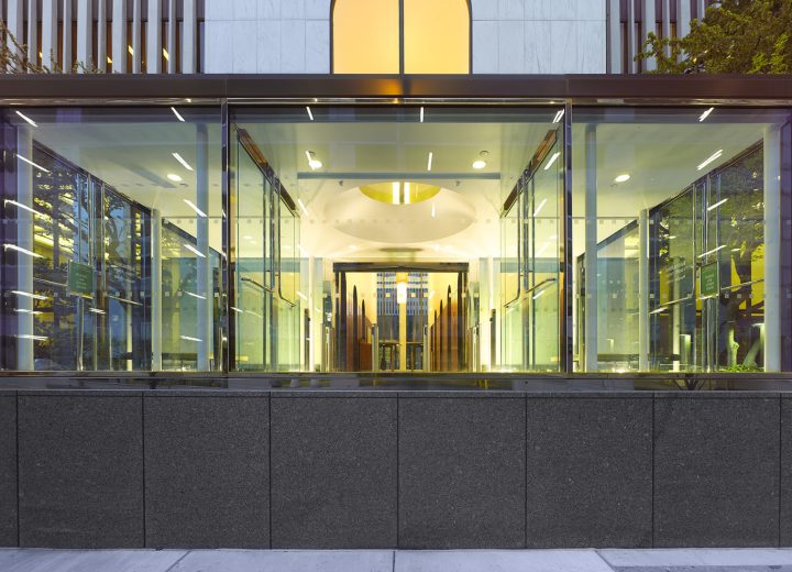 Redesigned entrance vestibule provides added security while respecting the original design vision of the midcentury tower