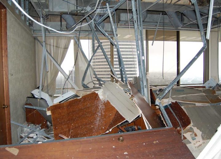 Ceilings collapsed and debris falling inside building