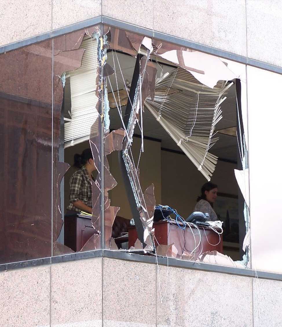 Shattered window on a building