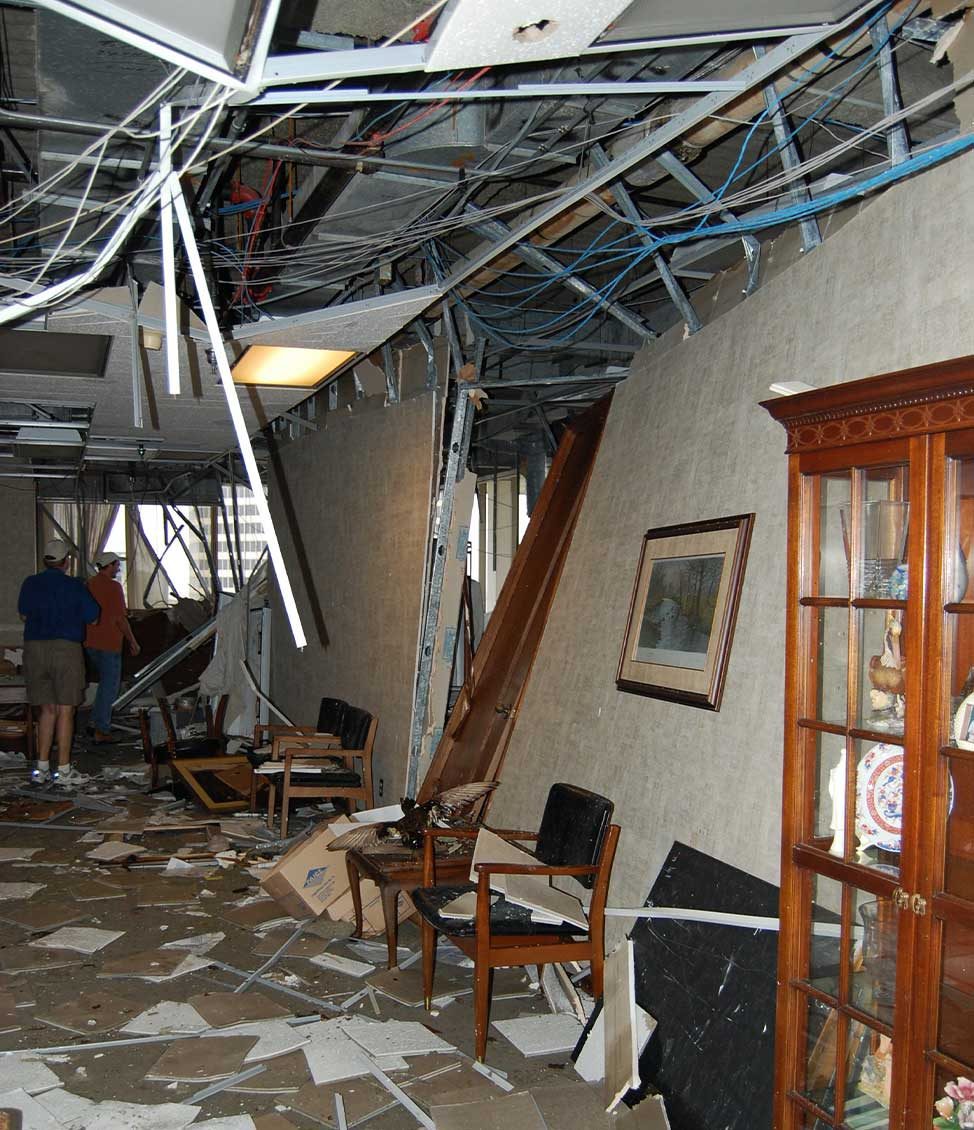 Ceilings collapsed and debris falling inside building