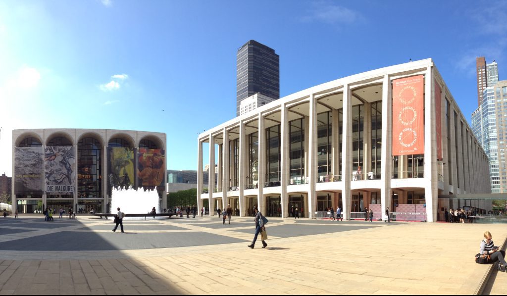 Lincoln Center, Metropolitan Opera House, Avery Fisher Hall, and (at rear) Rose Building