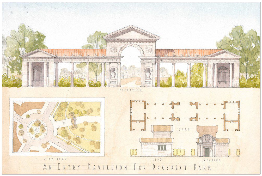 Architectural drawing of an elevation and plan for an entry gate