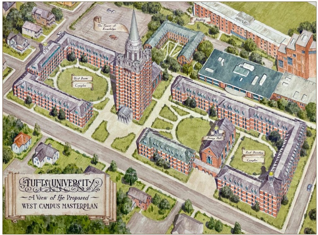 Architectural hand rendering of a college campus