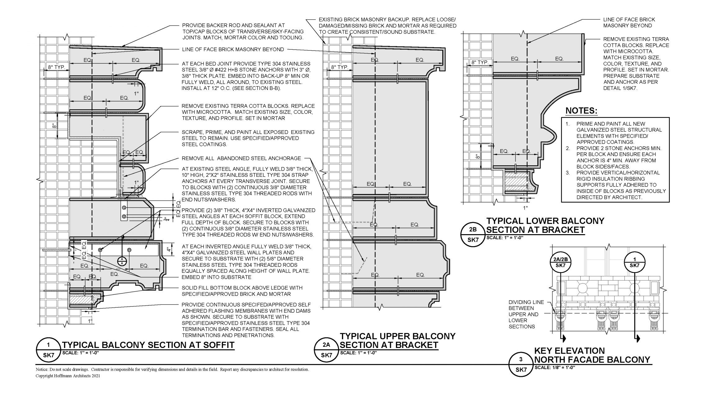 Design details for restoration of terra cotta Juliet balcony