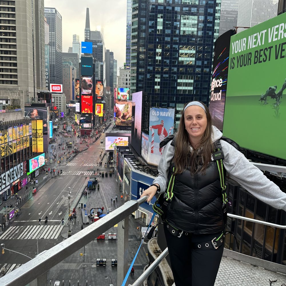 An architect atop scaffolding in central Manhattan
