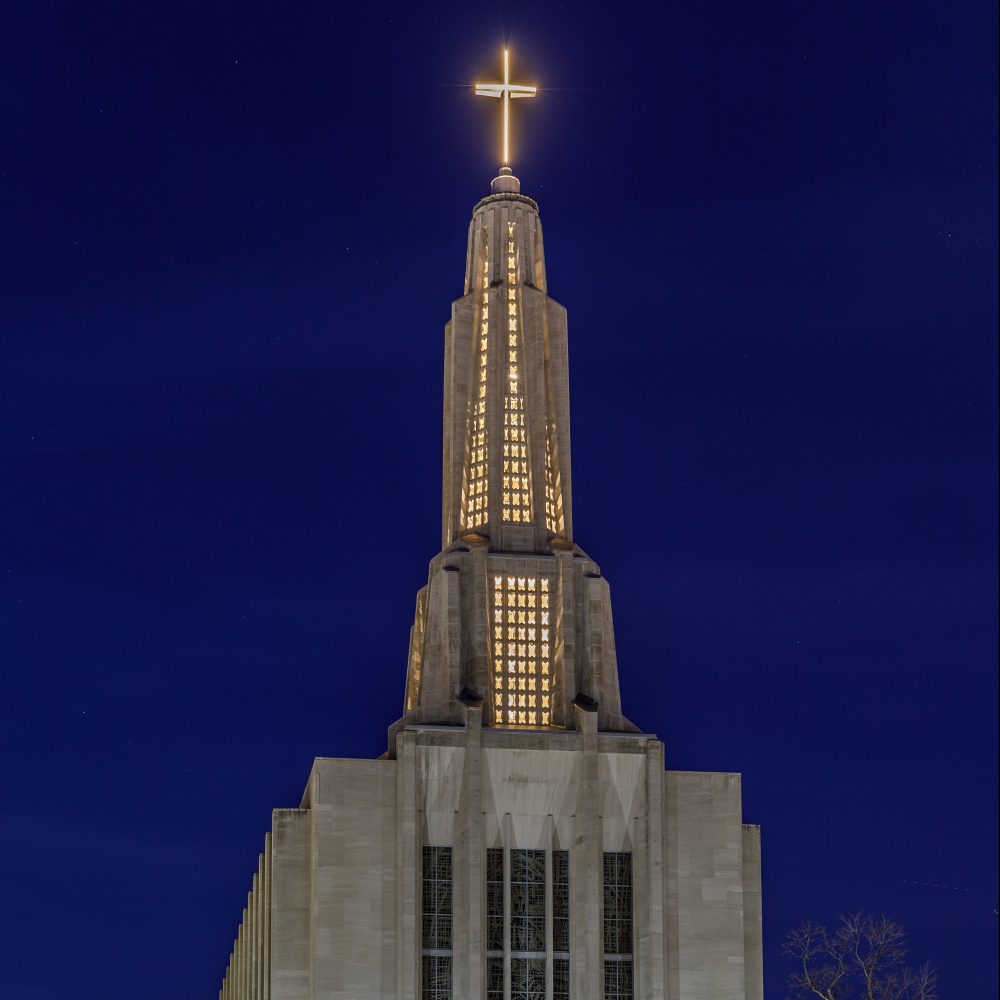 Restored steeple at night, Saint Joseph's Cathedral, Hartford CT