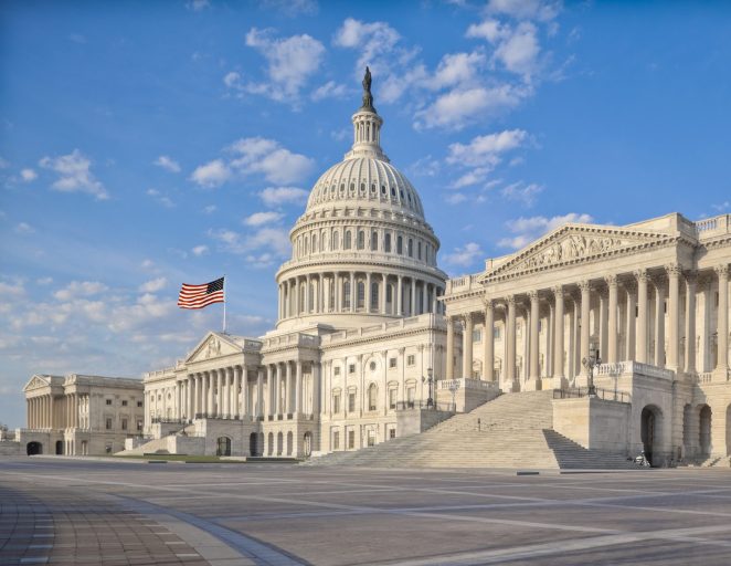 The east side of the US Capitol in the early morning. Senate Chamber in the foreground.